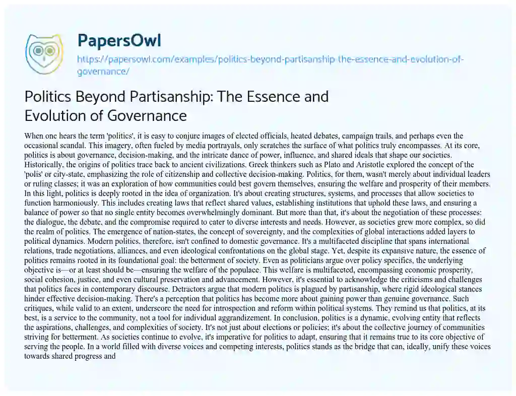 Essay on Politics Beyond Partisanship: the Essence and Evolution of Governance