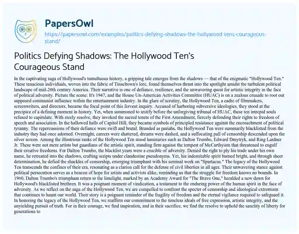 Essay on Politics Defying Shadows: the Hollywood Ten’s Courageous Stand