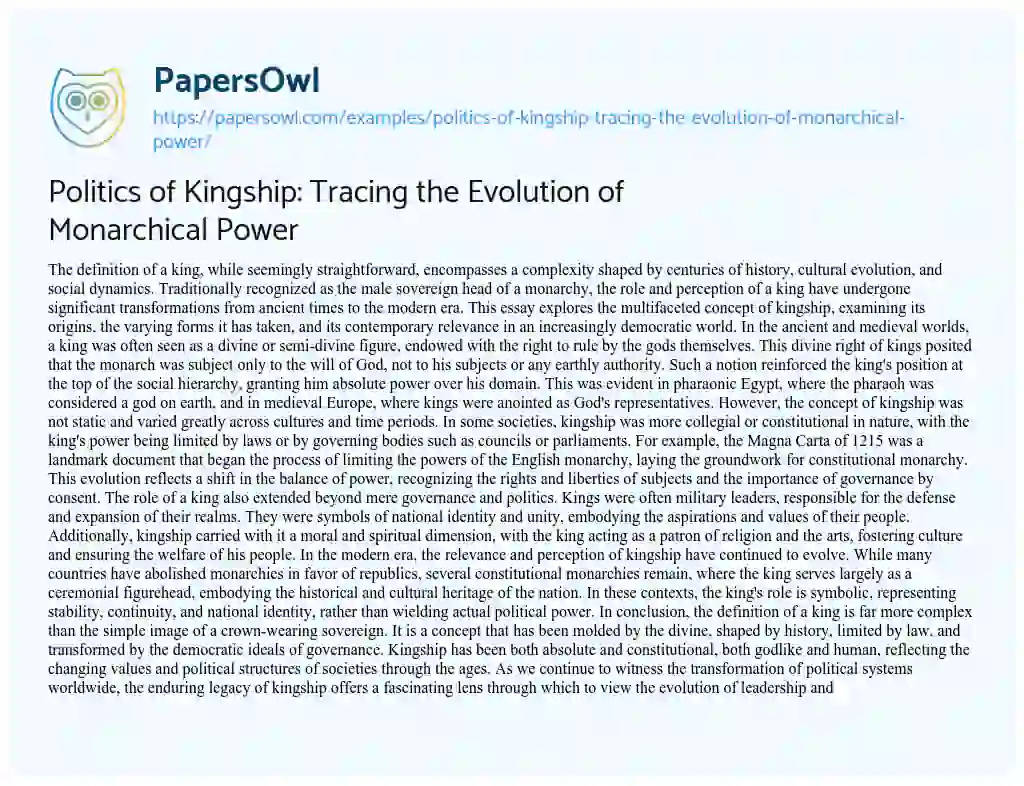 Essay on Politics of Kingship: Tracing the Evolution of Monarchical Power
