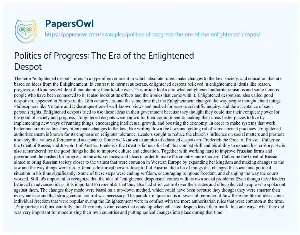 Essay on Politics of Progress: the Era of the Enlightened Despot