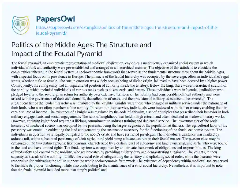 Essay on Politics of the Middle Ages: the Structure and Impact of the Feudal Pyramid