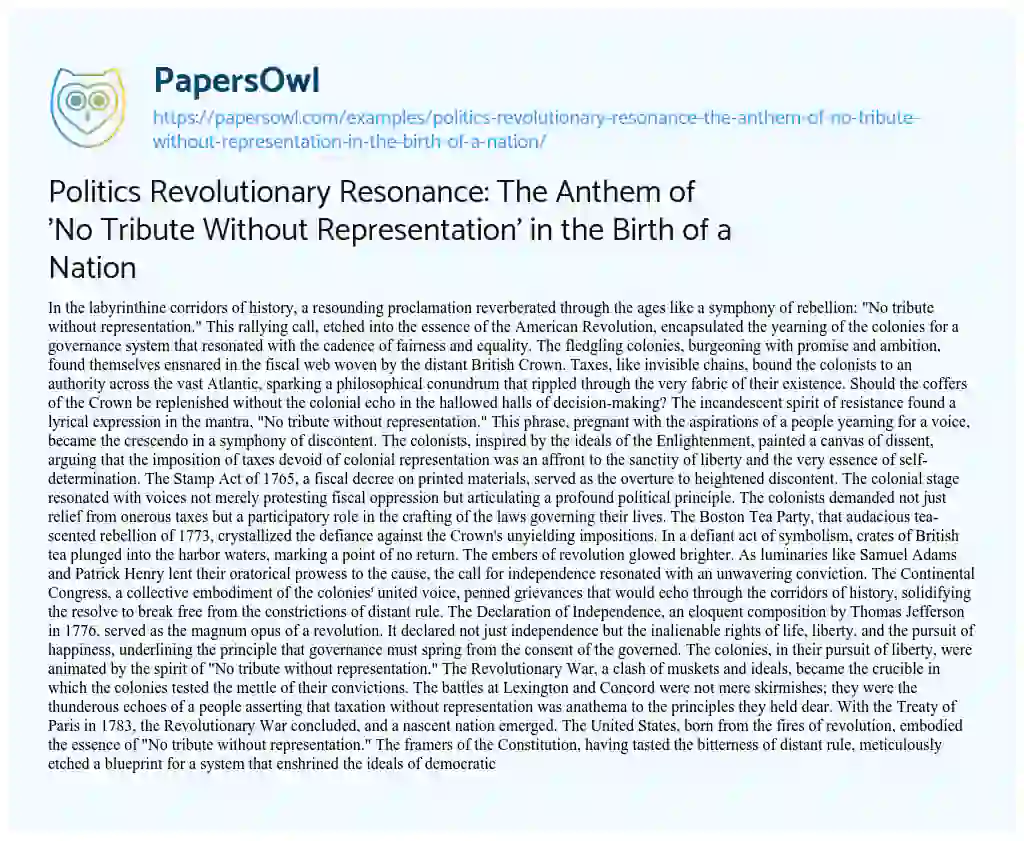 Essay on Politics Revolutionary Resonance: the Anthem of ‘No Tribute Without Representation’ in the Birth of a Nation