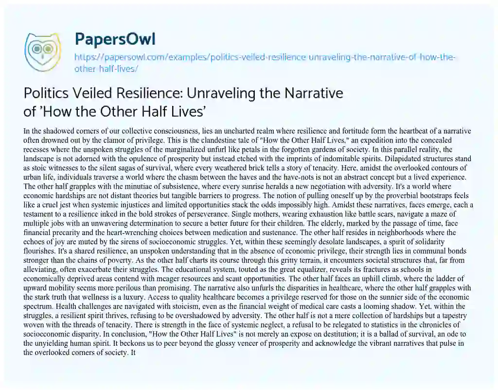 Essay on Politics Veiled Resilience: Unraveling the Narrative of ‘How the other Half Lives’