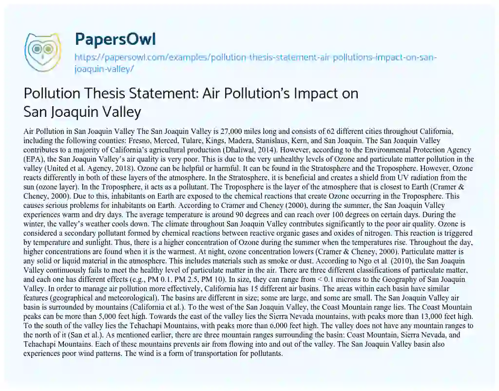 Essay on Pollution Thesis Statement: Air Pollution’s Impact on San Joaquin Valley