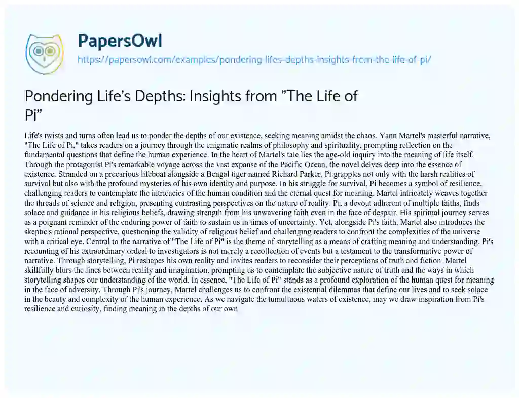 Essay on Pondering Life’s Depths: Insights from “The Life of Pi”