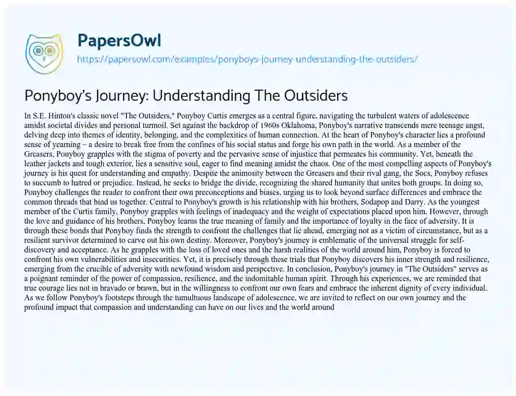 Essay on Ponyboy’s Journey: Understanding the Outsiders