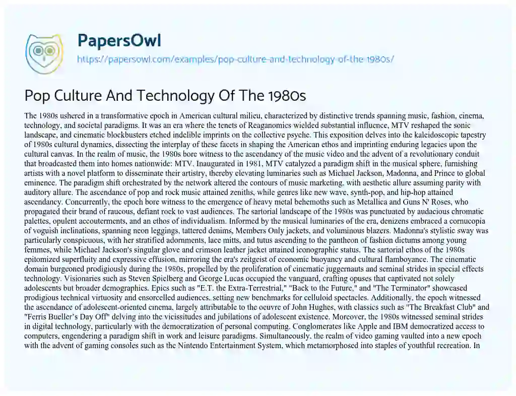 Essay on Pop Culture and Technology of the 1980s