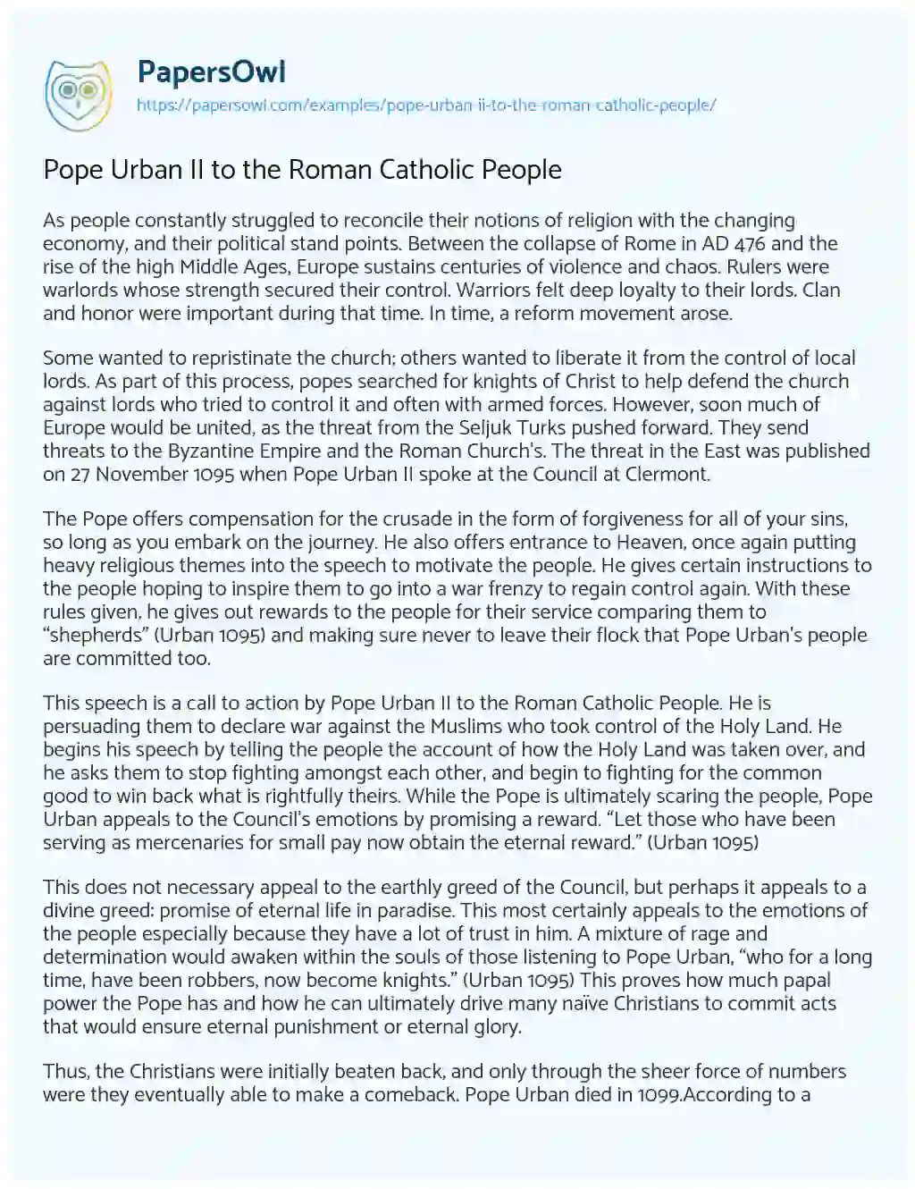 Essay on Pope Urban II to the Roman Catholic People