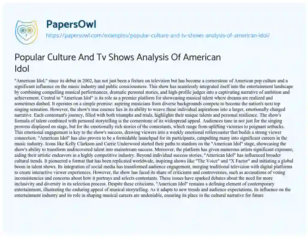 Essay on Popular Culture and Tv Shows Analysis of American Idol