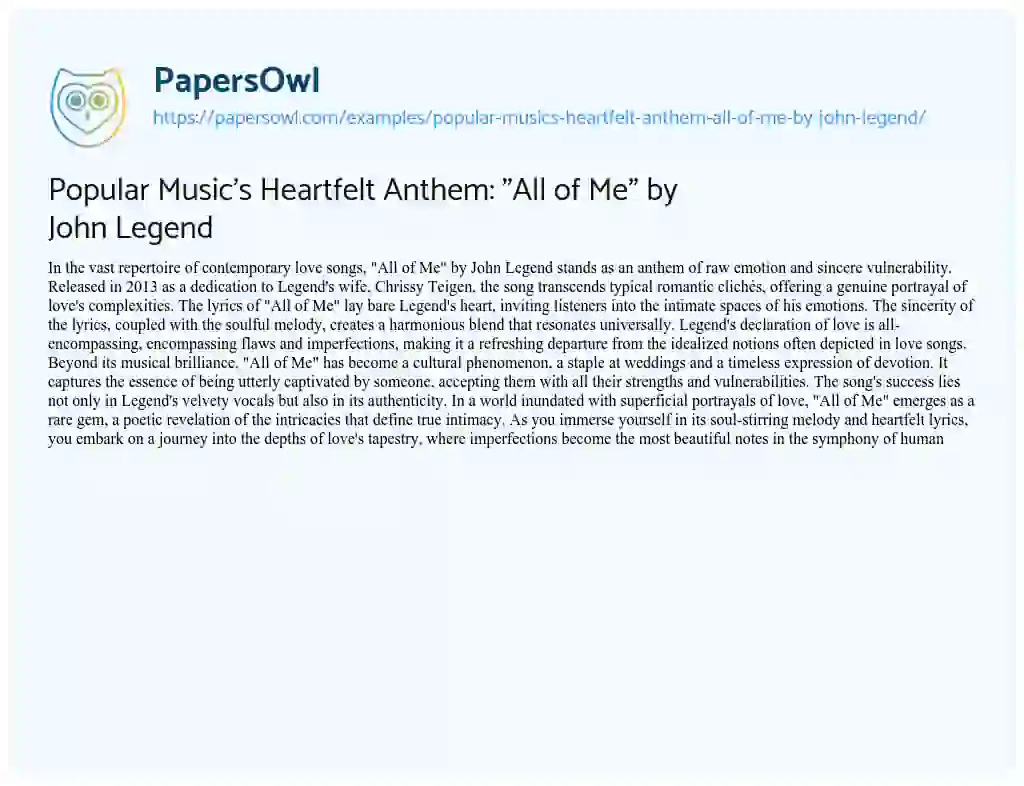 Essay on Popular Music’s Heartfelt Anthem: “All of Me” by John Legend
