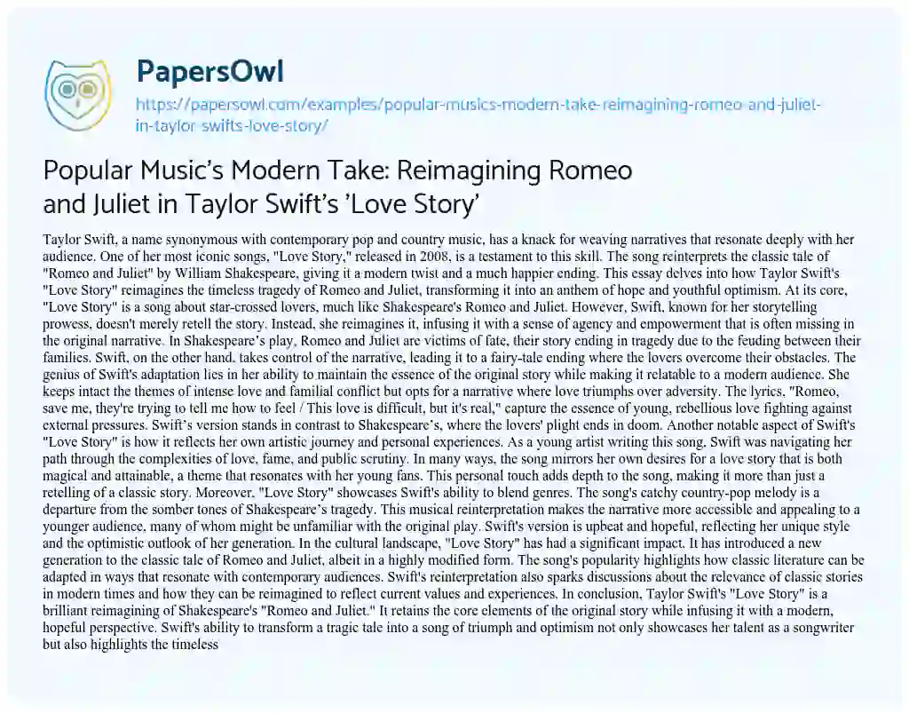 Essay on Popular Music’s Modern Take: Reimagining Romeo and Juliet in Taylor Swift’s ‘Love Story’