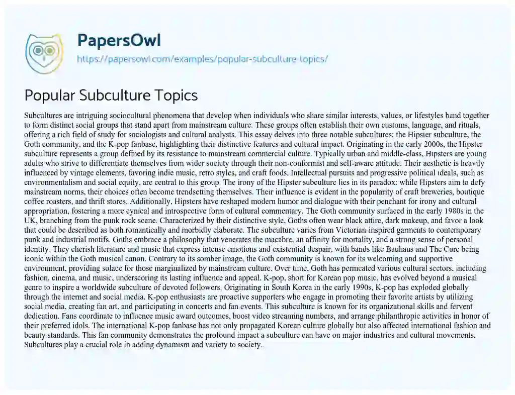 Essay on Popular Subculture Topics