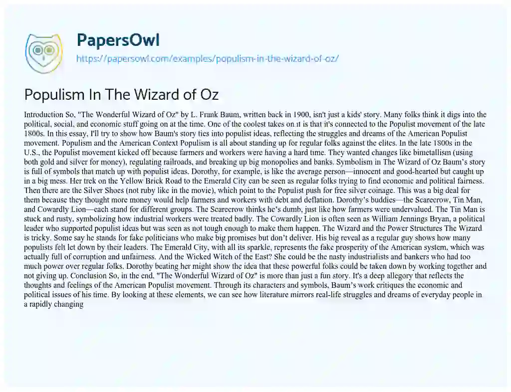 Essay on Populism in the Wizard of Oz