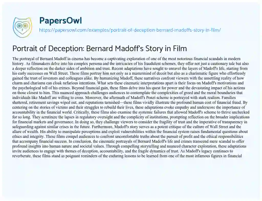 Essay on Portrait of Deception: Bernard Madoff’s Story in Film