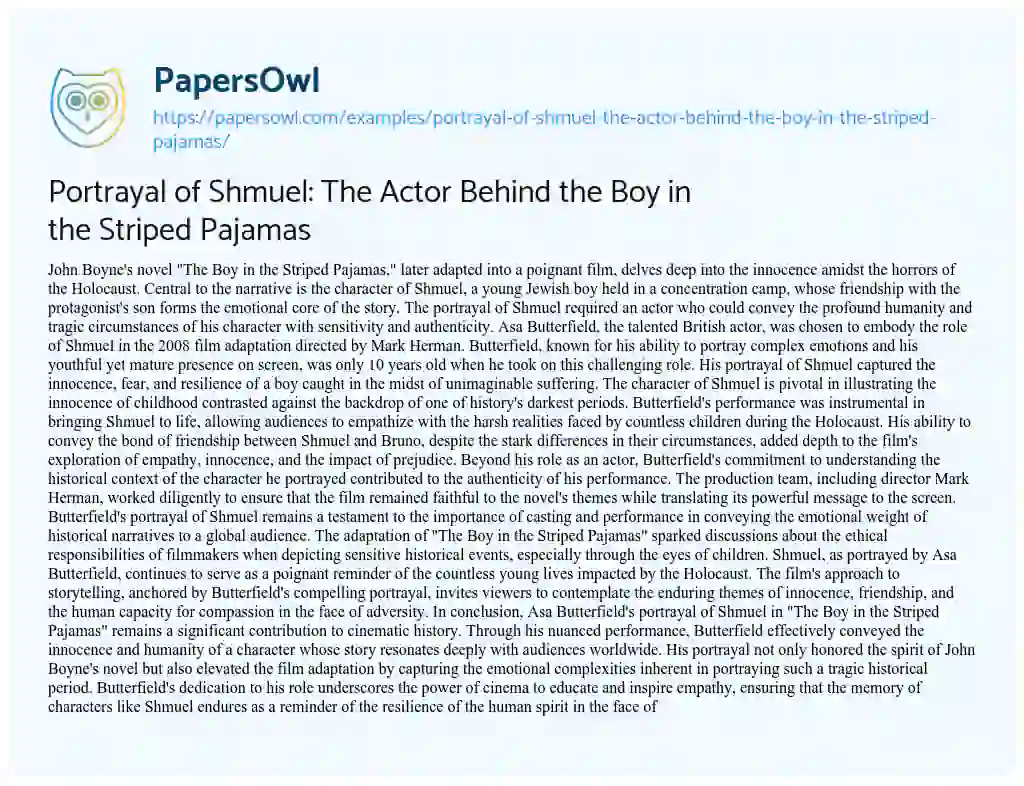 Essay on Portrayal of Shmuel: the Actor Behind the Boy in the Striped Pajamas