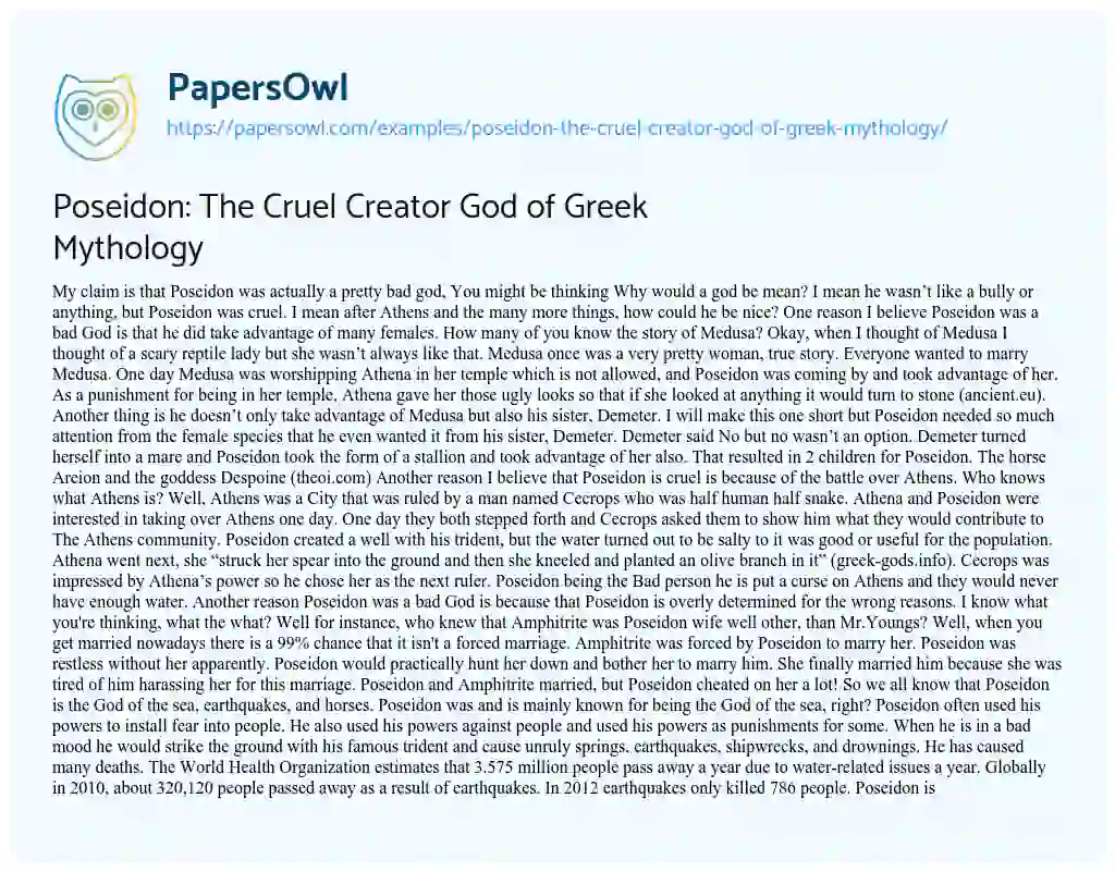 Essay on Poseidon: the Cruel Creator God of Greek Mythology