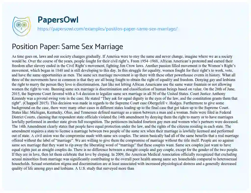 Essay on Position Paper: same Sex Marriage