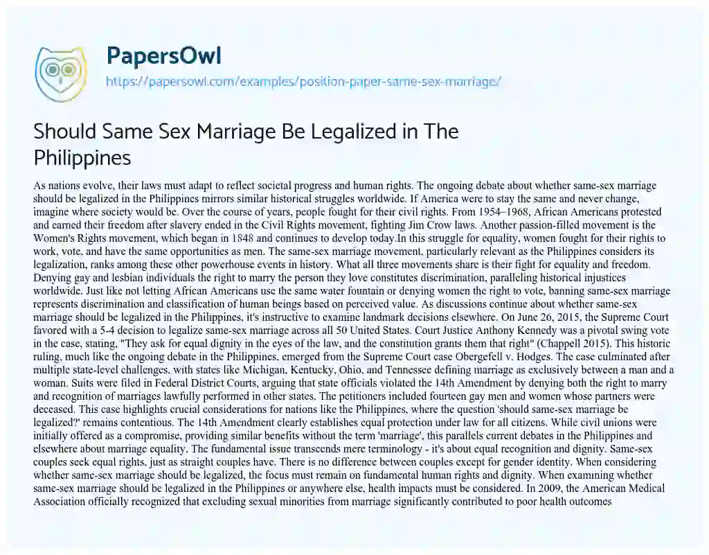 Position Paper Same Sex Marriage Free Essay Example 1816 Words