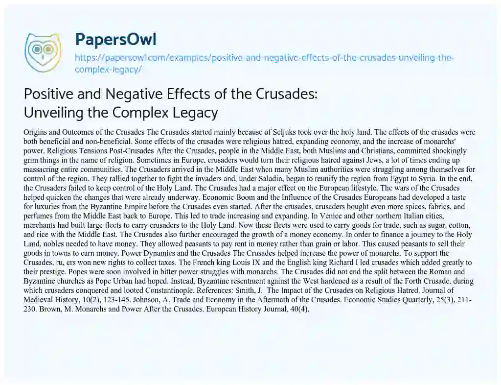 Essay on Positive and Negative Effects of the Crusades: Unveiling the Complex Legacy