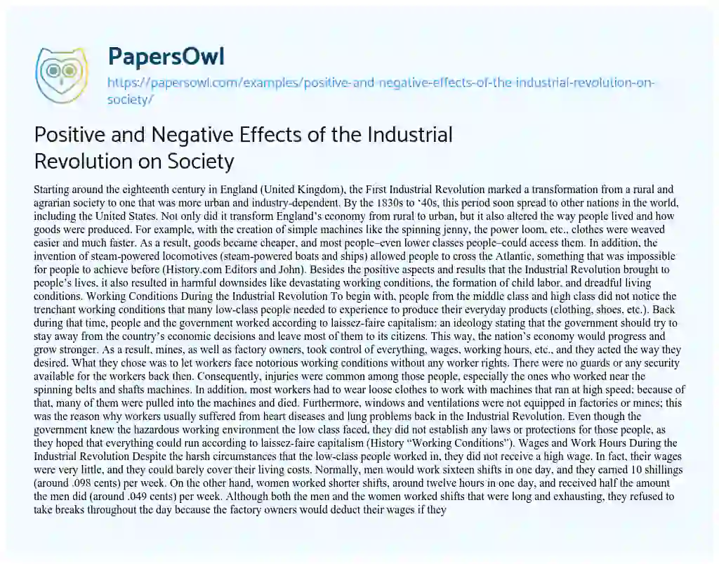 Essay on Positive and Negative Effects of the Industrial Revolution on Society
