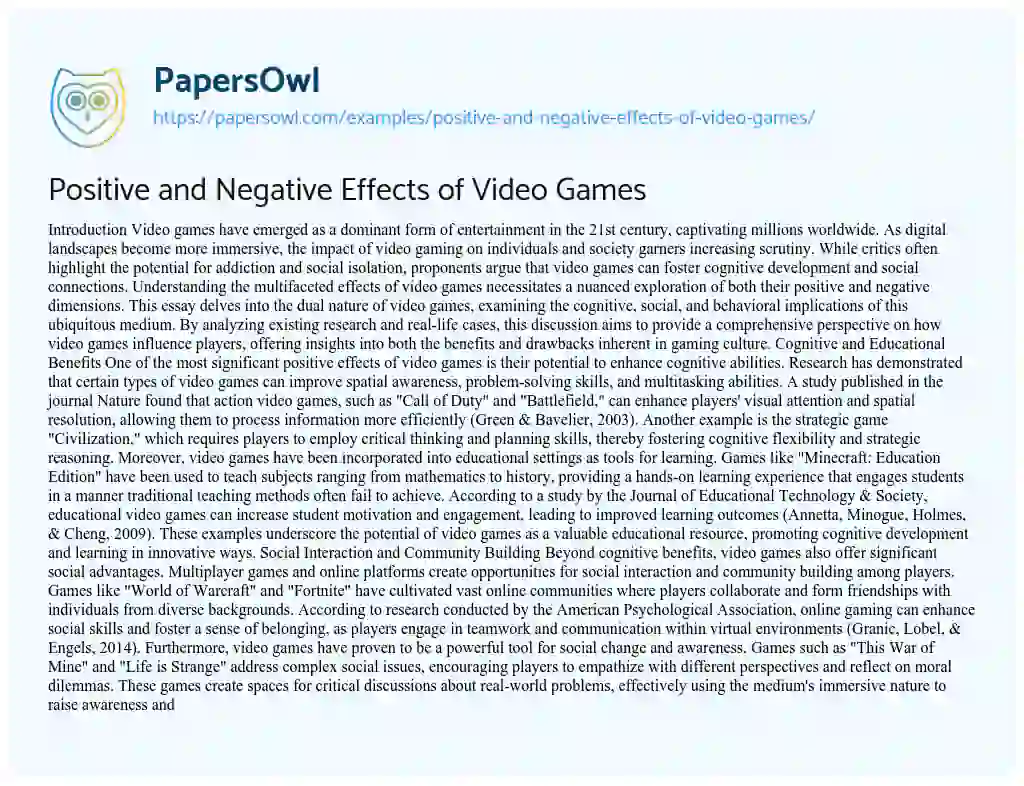 Essay on Positive and Negative Effects of Video Games