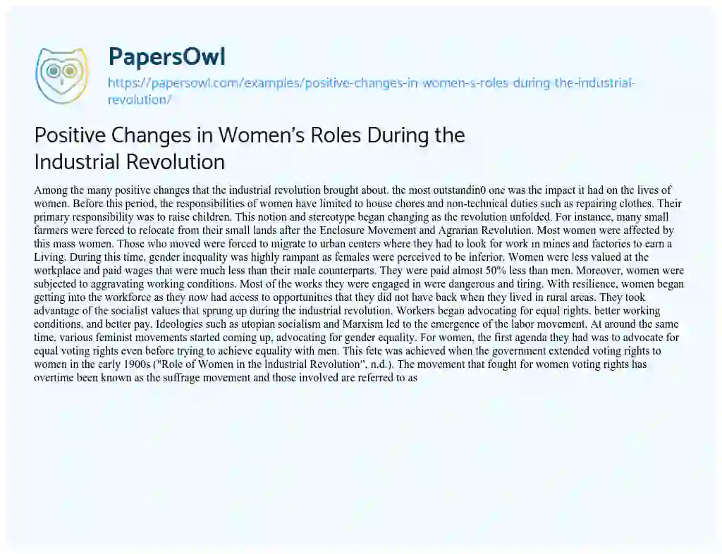 Essay on Positive Changes in Women’s Roles during the Industrial Revolution
