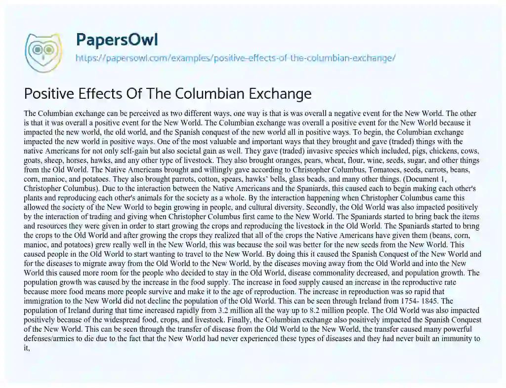 Positive Effects of the Columbian Exchange essay