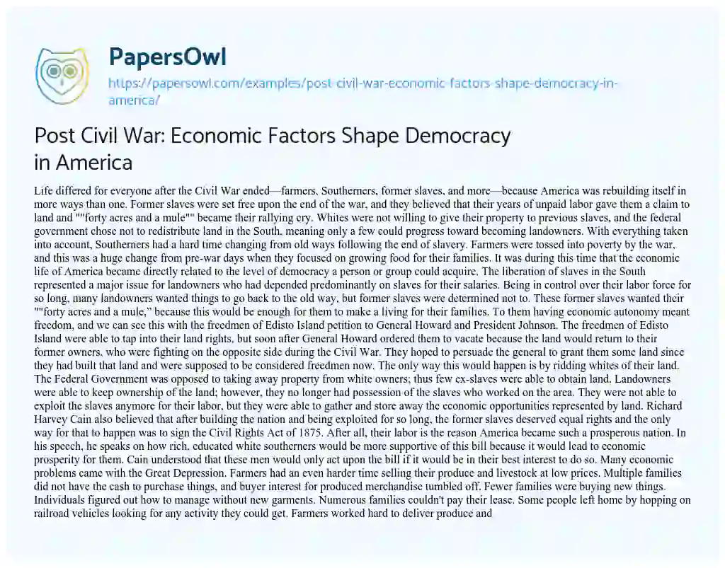Essay on Post Civil War: Economic Factors Shape Democracy in America