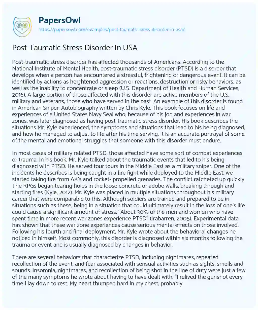Essay on Post-Taumatic Stress Disorder in USA