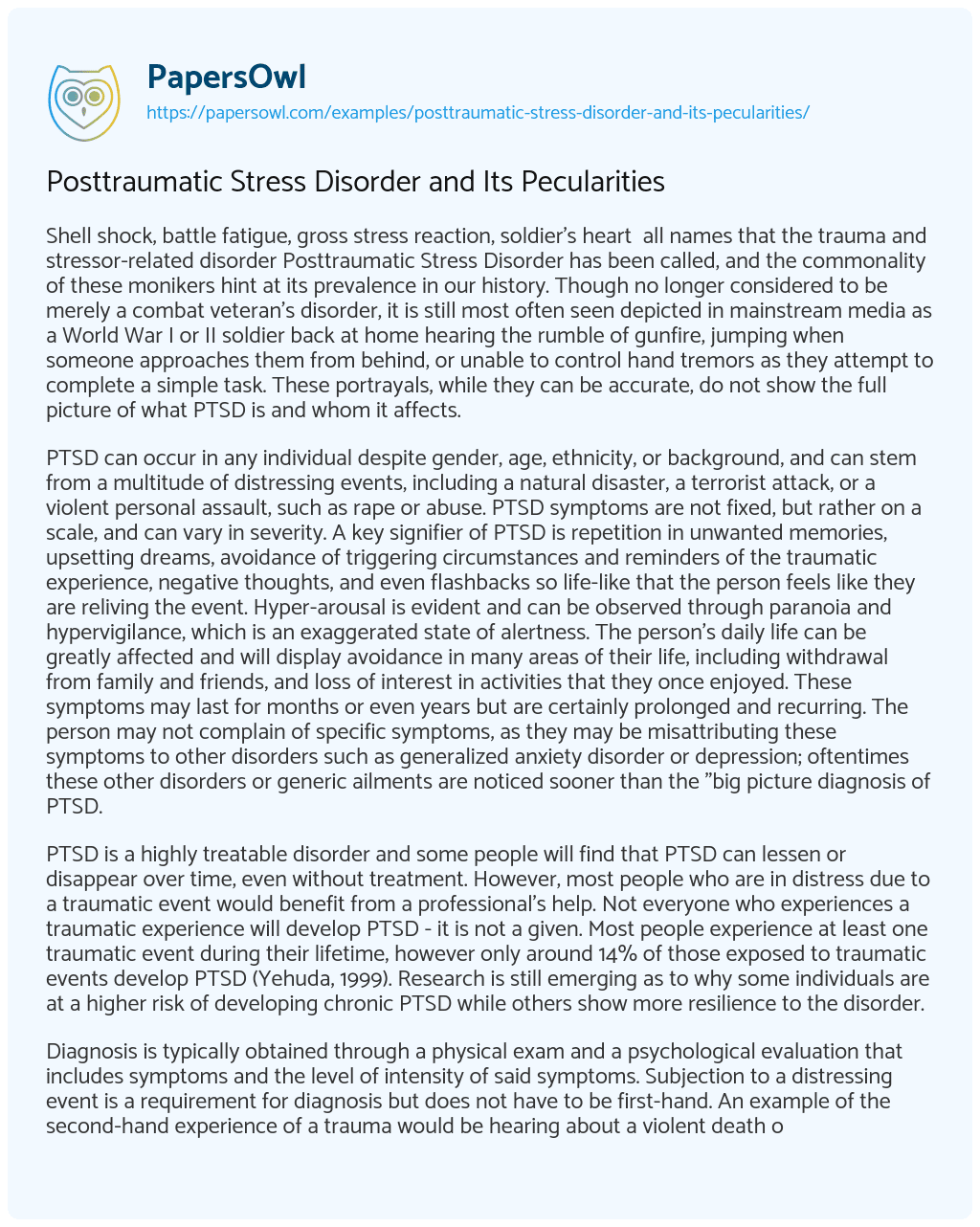 Essay on Posttraumatic Stress Disorder and its Pecularities