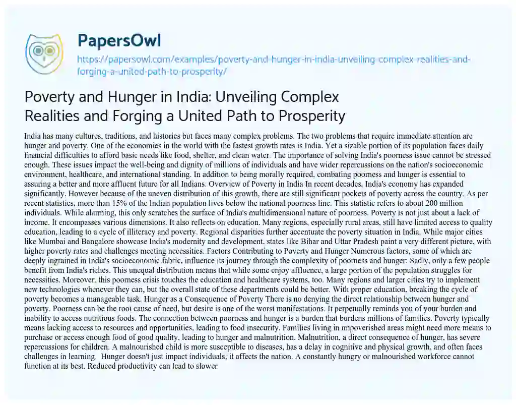 Essay on Poverty and Hunger in India: Unveiling Complex Realities and Forging a United Path to Prosperity