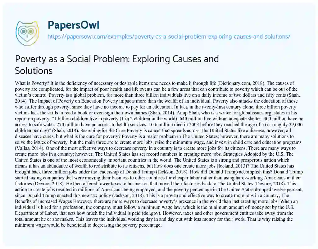 Essay on Poverty as a Social Problem: Exploring Causes and Solutions