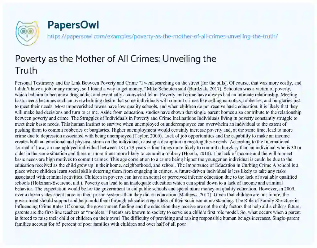Essay on Poverty as the Mother of all Crimes: Unveiling the Truth