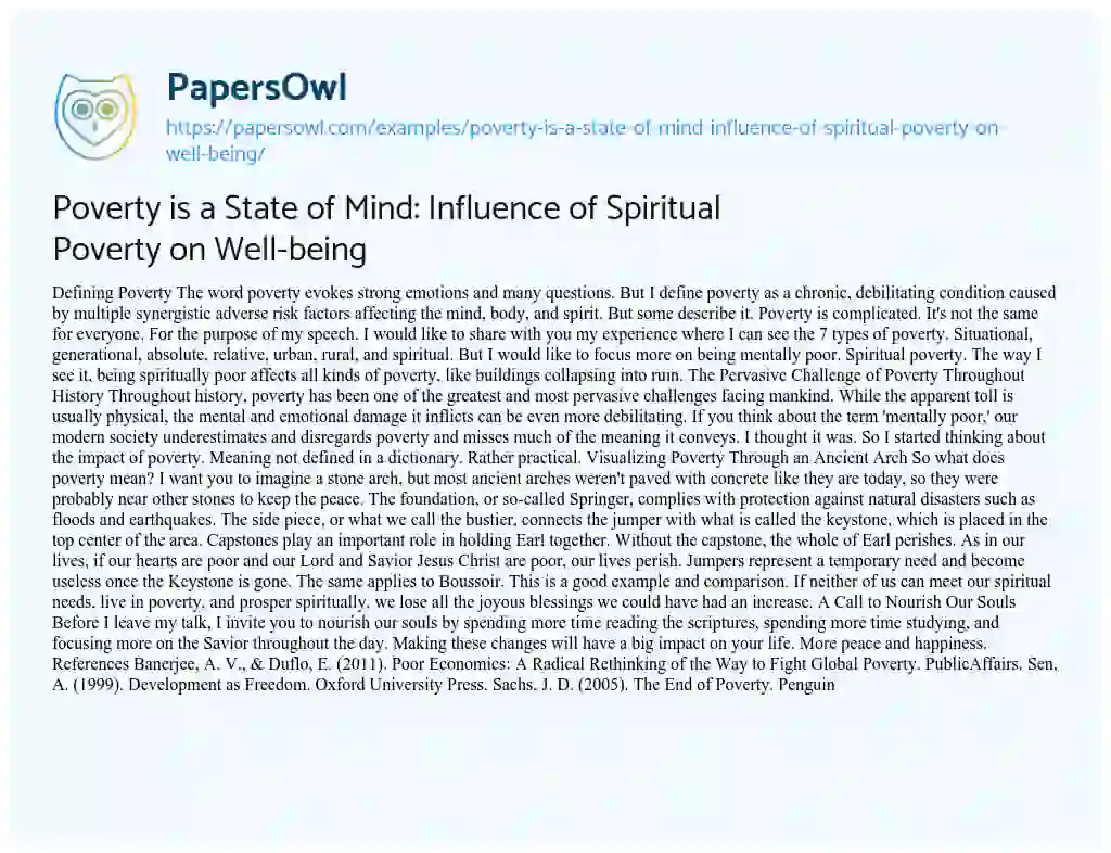 Essay on Poverty is a State of Mind: Influence of Spiritual Poverty on Well-being