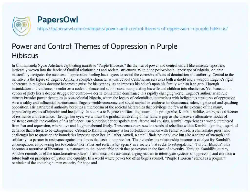 Essay on Power and Control: Themes of Oppression in Purple Hibiscus