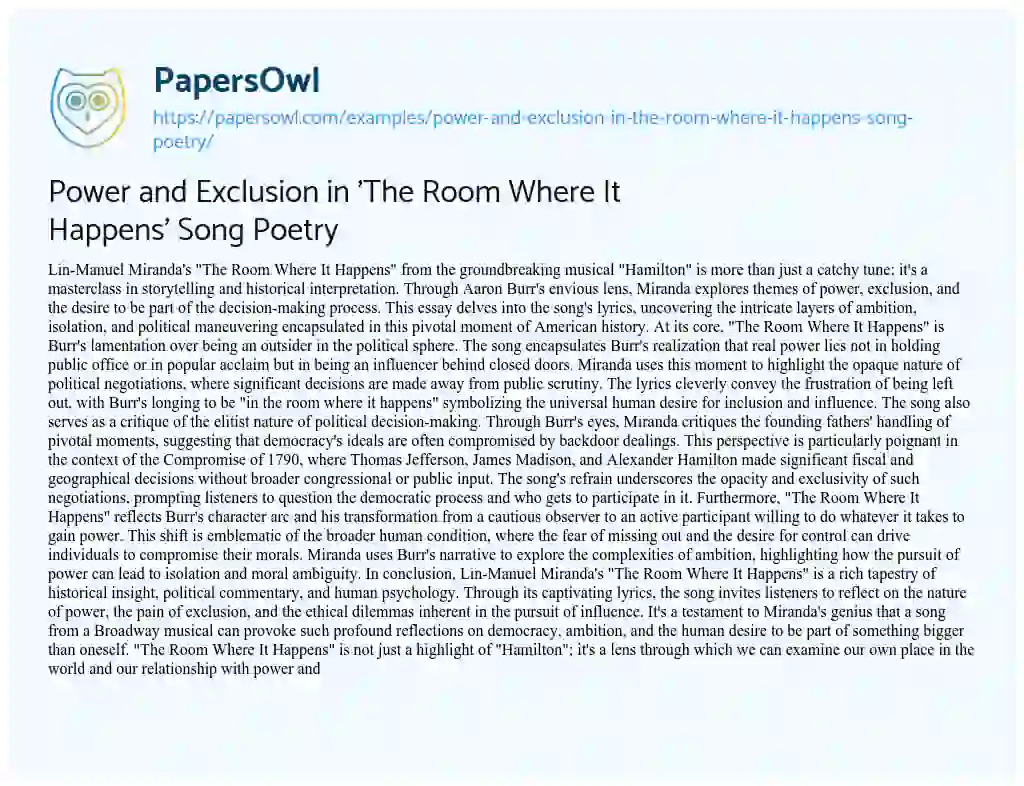 Essay on Power and Exclusion in ‘The Room Where It Happens’ Song Poetry