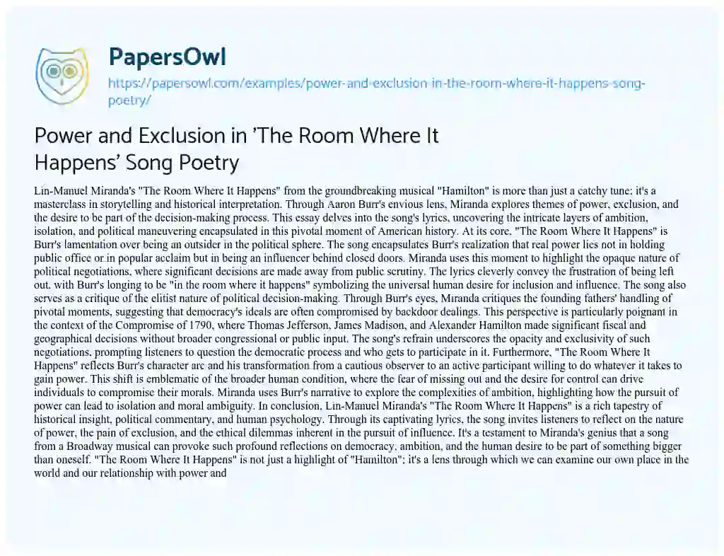 Essay on Power and Exclusion in ‘The Room where it Happens’ Song Poetry