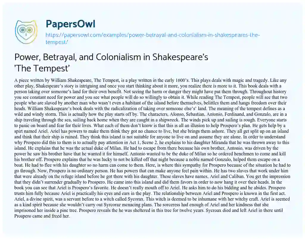 Essay on Power, Betrayal, and Colonialism in Shakespeare’s ‘The Tempest’