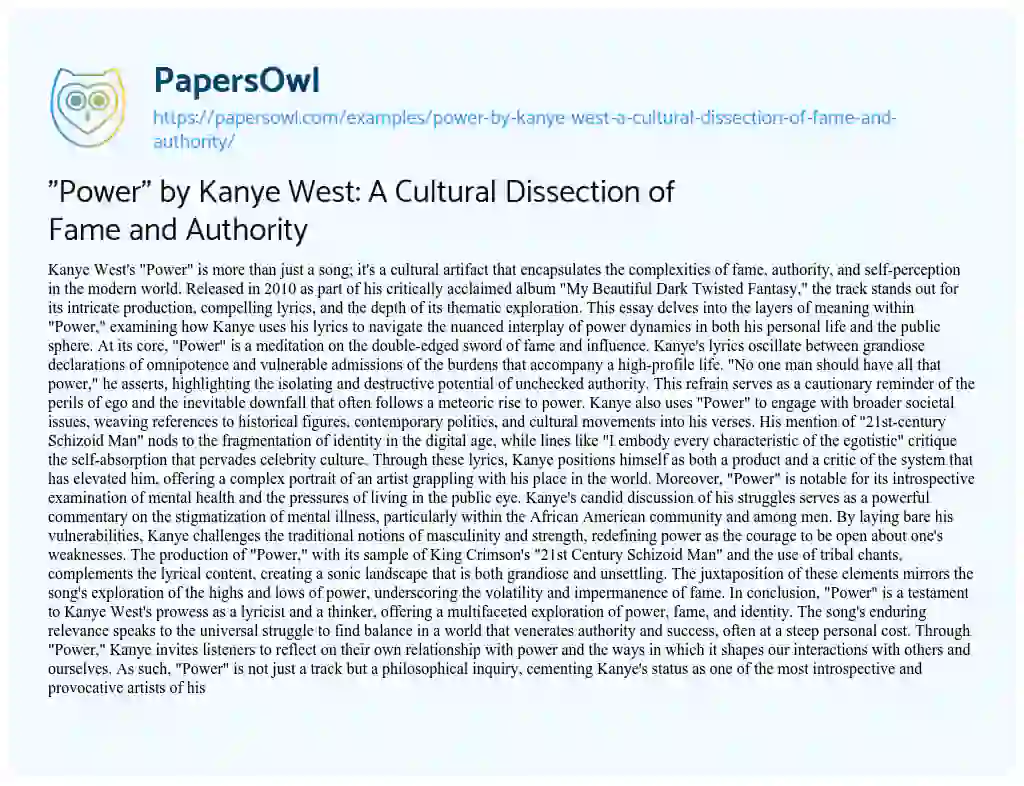 Essay on “Power” by Kanye West: a Cultural Dissection of Fame and Authority