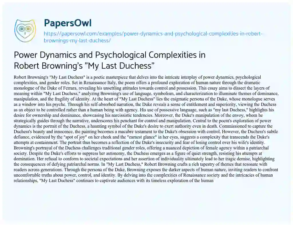 Essay on Power Dynamics and Psychological Complexities in Robert Browning’s “My Last Duchess”