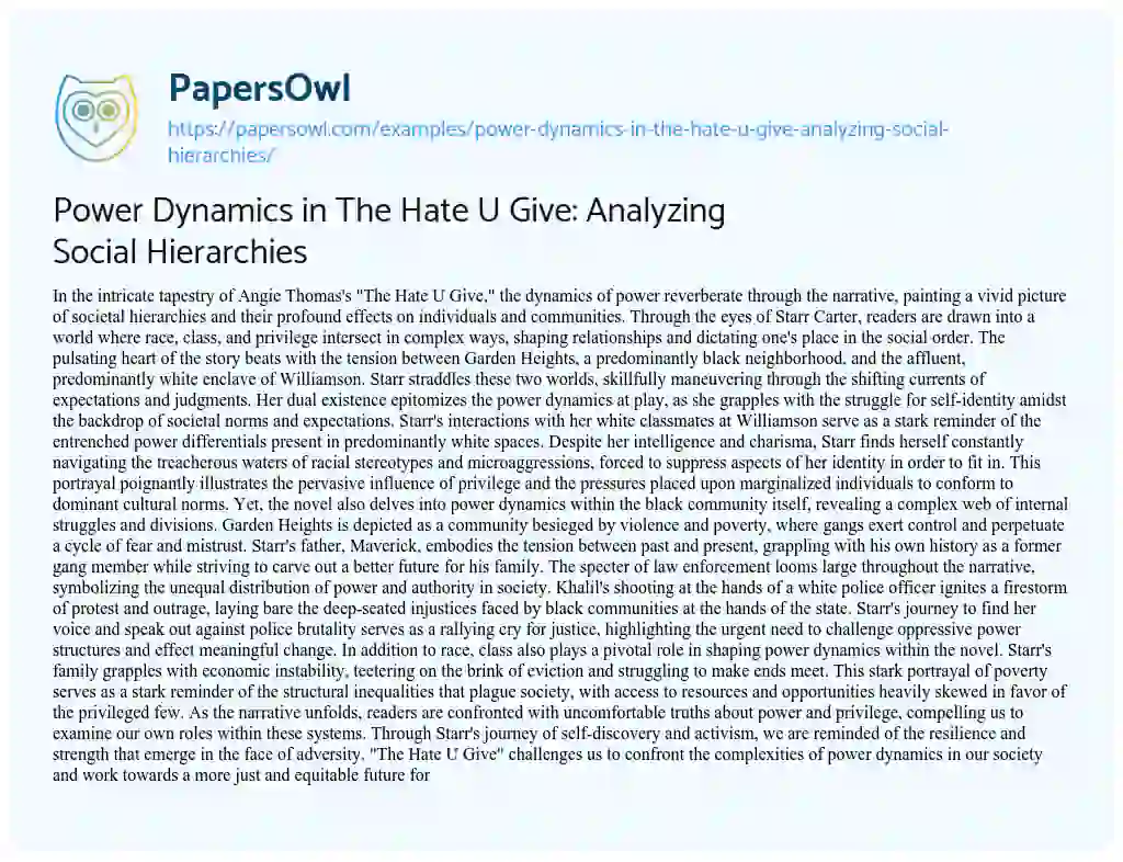 Essay on Power Dynamics in the Hate U Give: Analyzing Social Hierarchies