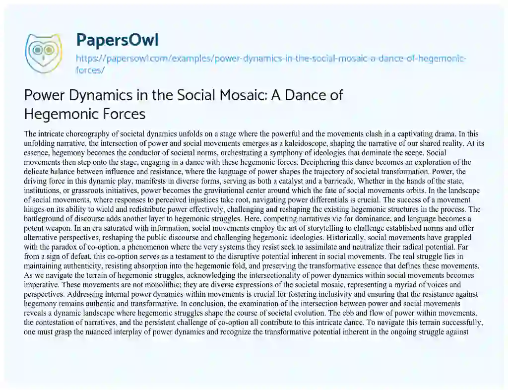 Essay on Power Dynamics in the Social Mosaic: a Dance of Hegemonic Forces