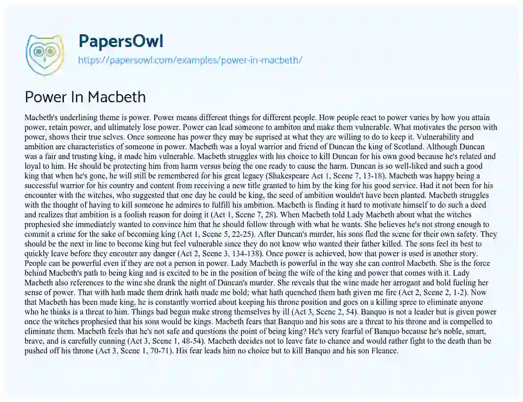 Essay on Power in Macbeth