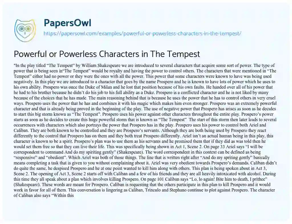 Essay on Powerful or Powerless Characters in the Tempest
