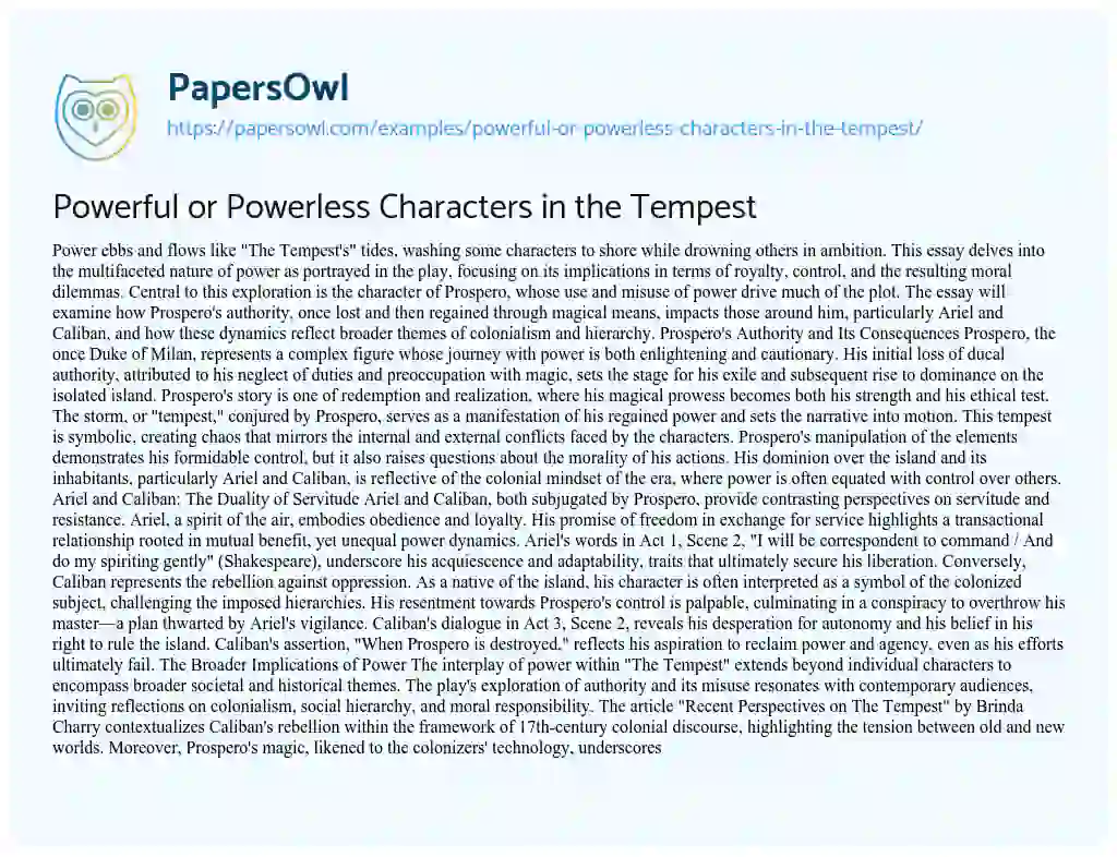 Essay on Powerful or Powerless Characters in the Tempest