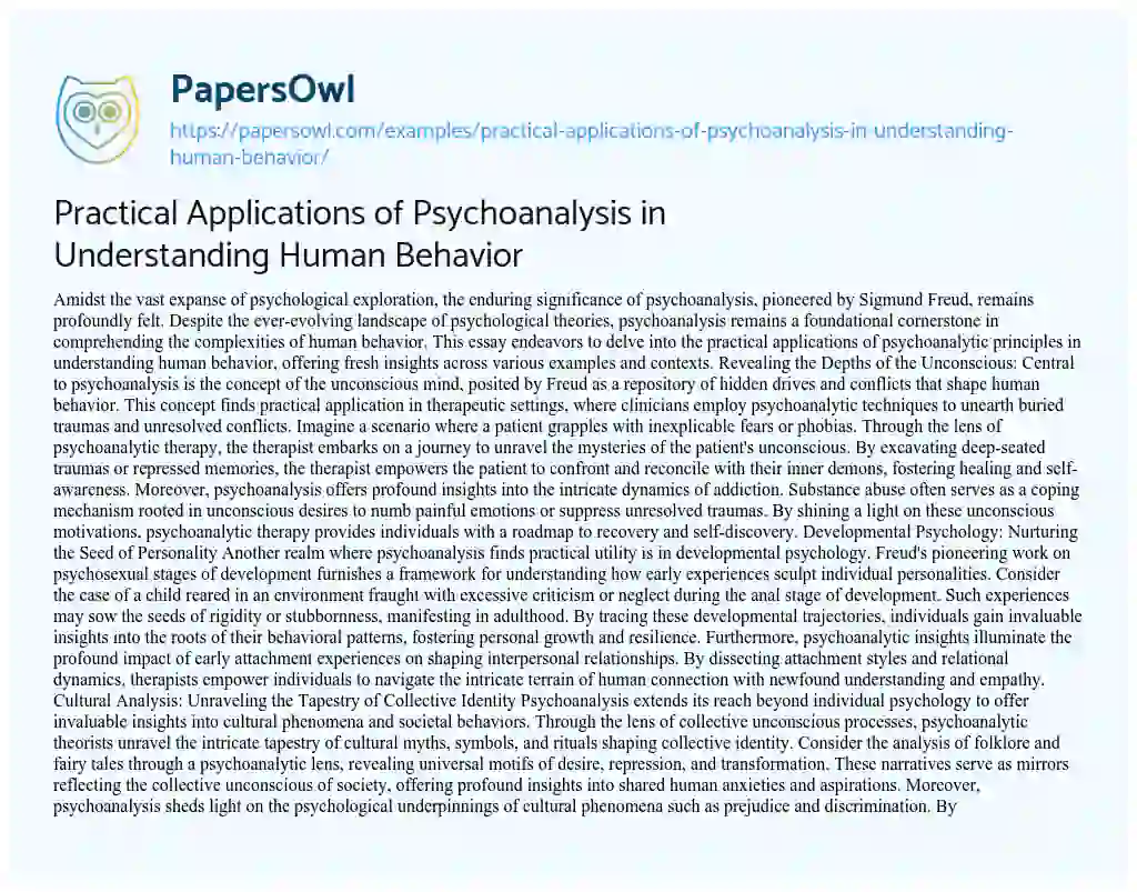 Essay on Practical Applications of Psychoanalysis in Understanding Human Behavior
