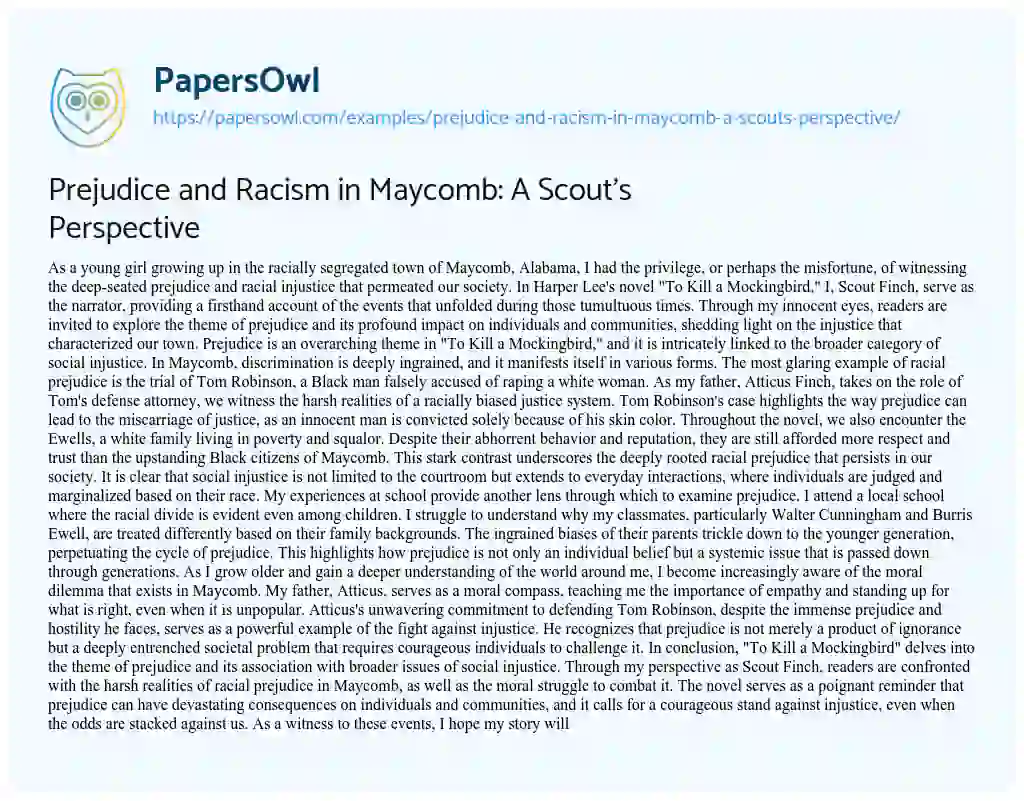 Essay on Prejudice and Racism in Maycomb: a Scout’s Perspective