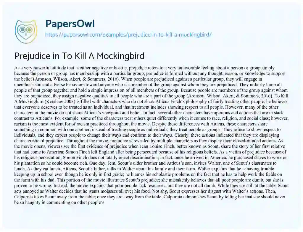 Prejudice in to Kill a Mockingbird essay