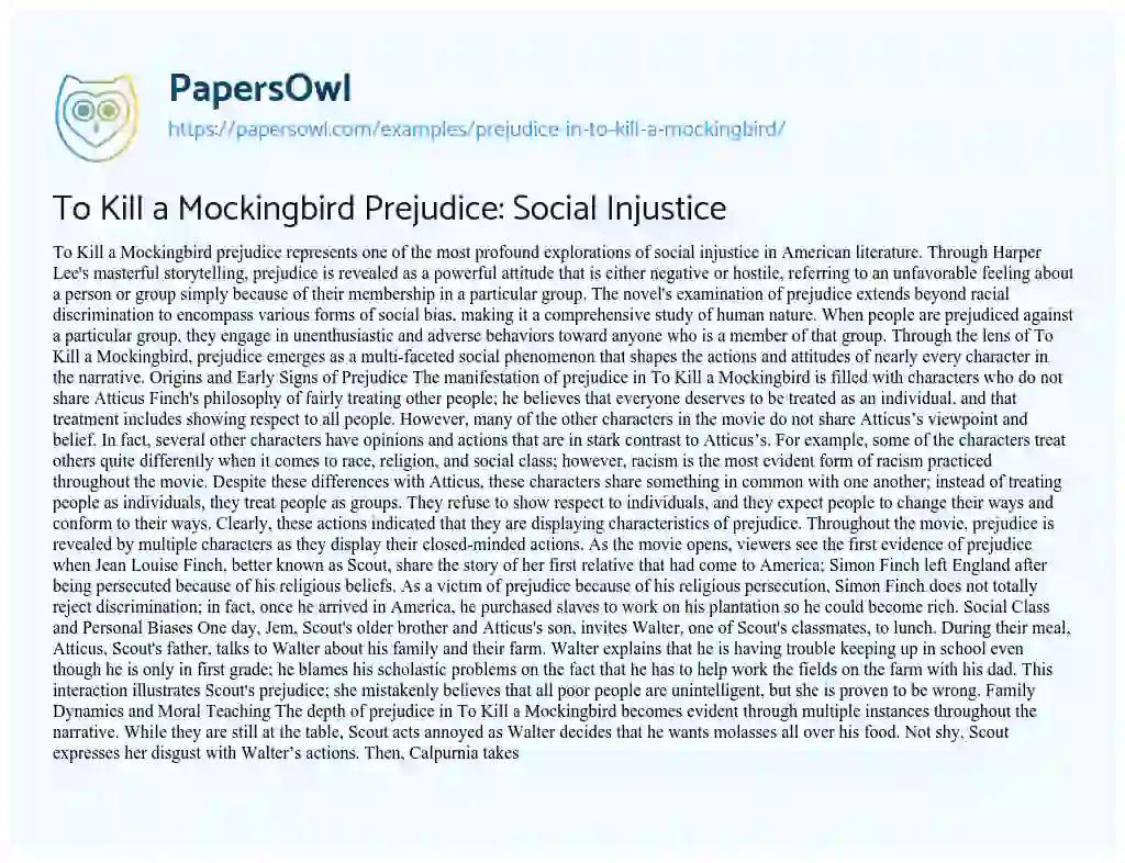 Essay on Prejudice in to Kill a Mockingbird