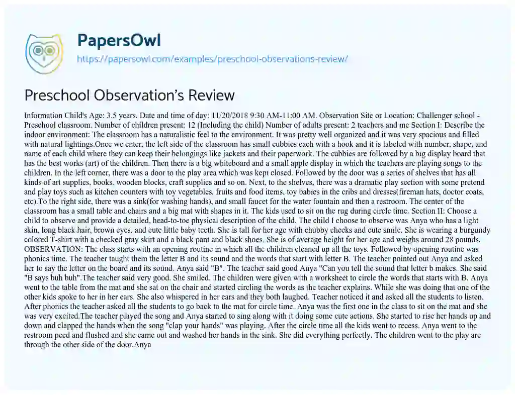 Essay on Preschool Observation’s Review